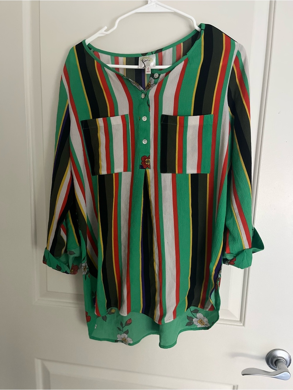 LuLaRoe Green Multicolor Striped Button-Front Tunic